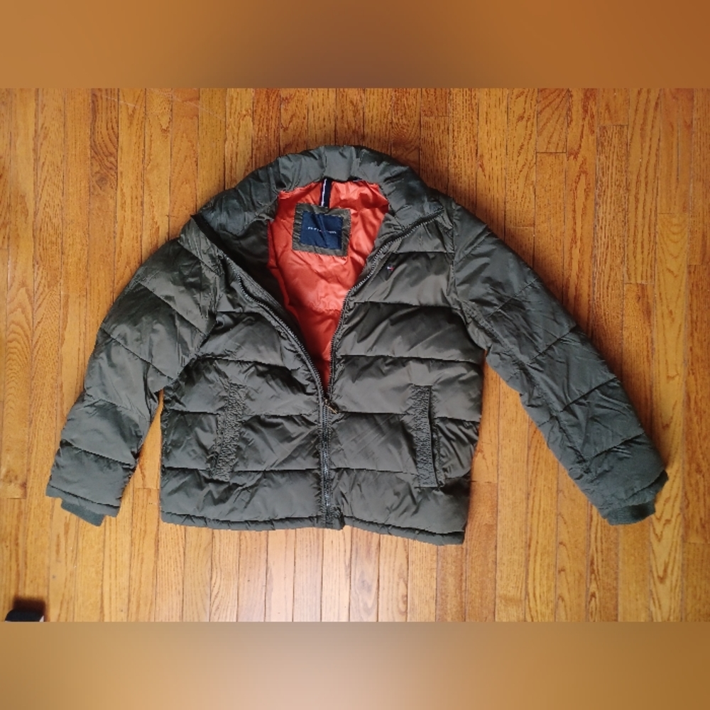 Tommy Hilfiger Quilted Puffer Jacket Coat Olive Green Orange Inside Mens Size XL